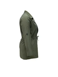 Detailed side view of solid color green trench coat with lapel and drawstring waist features.