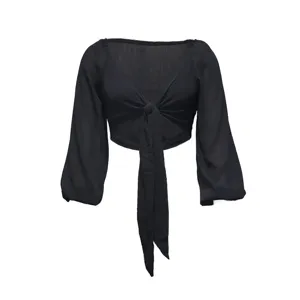 Black solid color long sleeve V-neck crop top with front tie detail for women summer 2025.
