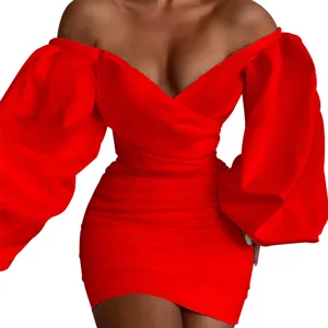 Stunning red off-the-shoulder bodycon mini dress showcasing dramatic voluminous puff sleeves.
