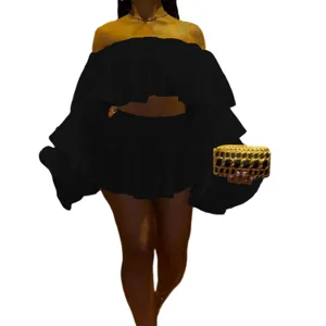Black off shoulder ruffle crop top and matching mini skirt sexy two piece outfit for women.