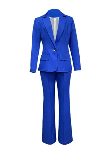 Blue women suit set detail, elegant slim blazer and matching trousers for daily office wear.