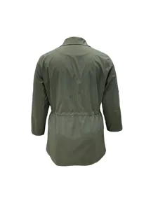 Plus size women solid green long trench coat back view, casual lapel long sleeve outerwear.