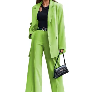 Green women solid color long sleeve casual blazer and wide leg pants two-piece suit.