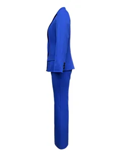 Side view detail of royal blue women's slim fit suit, elegant fabric texture closeup.