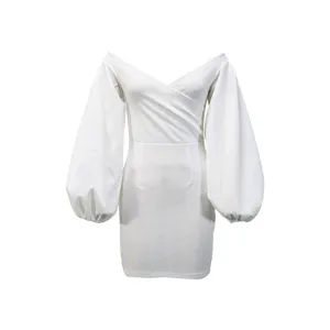 Sexy off-shoulder white mini dress with long lantern sleeves and bodycon slim fit design.