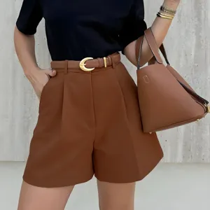 Women's Casual Solid Color Loose Straight Leg Shorts High Waist Pocket Summer Commuter Everyday Apparel Bottoms