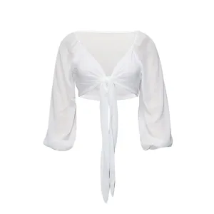 Detailed view of the sexy solid color long sleeve cropped cardigan top for women.