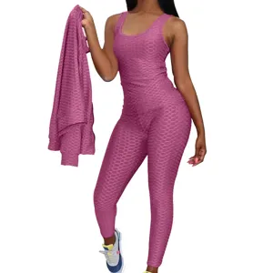 Women activewear honeycomb textured long sleeve jacket tank top and yoga leggings set