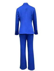 Detailed back view of the royal blue slim-fit suit jacket and trousers for professional work.