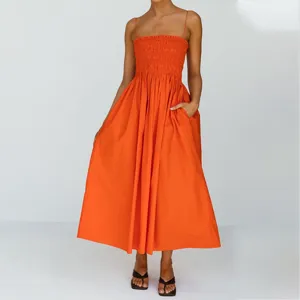 Summer orange smocked strap midi dress with pockets high waist casual long beach dress.
