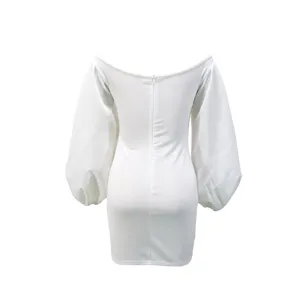 White off-shoulder puff sleeve bodycon dress, elegant slim fit back zipper party dress.