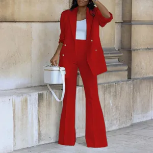 Damen roter Blazer und Schlaghosen Zweiteiler Set, lässiger eleganter Büro Anzug für Herbst.