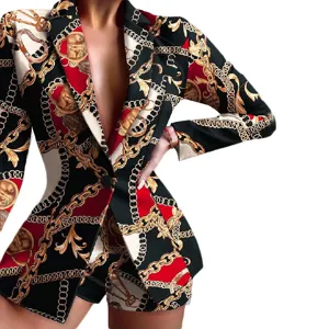 Costume blazer imprimé chaîne baroque femme slim élégante veste courte professionnelle