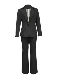 Women black suit set detail view, elegant slim fit blazer and trousers for professional wear.