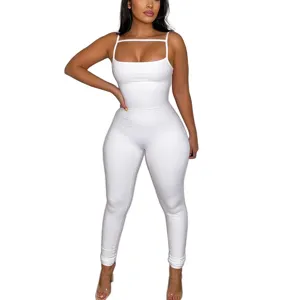 Summer sexy ribbed spaghetti strap slim fit jumpsuit, breathable daily wear catsuit.