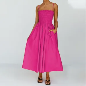 Elegant summer casual women long spaghetti strap dress high waist fuchsia maxi outfit