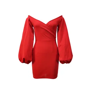 Detailed close-up view of red off shoulder long puff sleeve sexy bodycon dress