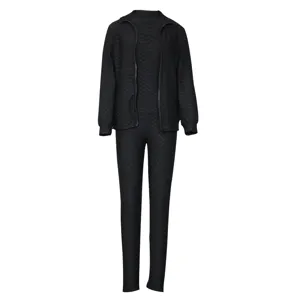 Black textured 3-piece athletic set detail, long sleeve zip jacket, tank top and leggings.
