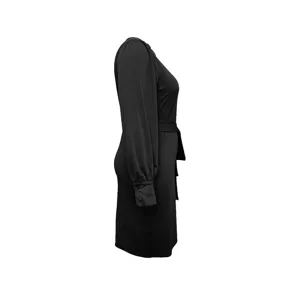 Elegant black plus size belted dress, side view showcasing long sleeves and stylish fit.