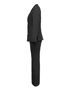 Side view detail of black women pantsuit, slim fit casual blazer and trousers for daily wear.