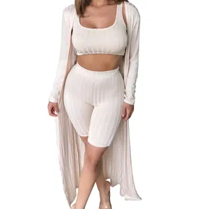 Women 3 Piece Ribbed Loungewear Set Crop Top Biker Shorts Long Cardigan Outfits - Beige