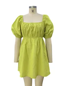 Lime green square neck puff sleeve casual mini dress for women spring fashion new style