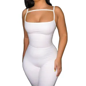 Detailed view of white ribbed sleeveless slim-fit jumpsuit showcasing the front design and fit.