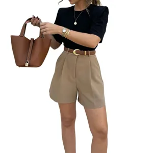 Detailed display of casual high waist pleated straight shorts in solid khaki color.