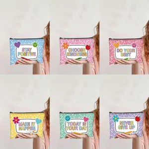 Letter Print Canvas Makeup Bag Portable Pencil Case Cartoon Student Stationery Zipper Pouch For Women Travel Daily Organizer