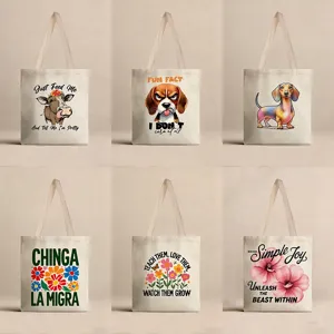 Bolsa de Lona de Gran Capacidad Ecológica Reutilizable Con Estampado de Animales de Dibujos Animados Flores Letras Bolso de Hombro para Mujer Viaje Diario
