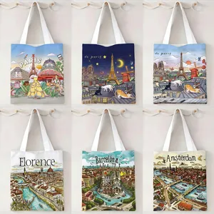 Bolso de Lona con Estampado de Arquitectura Urbana Vintage Gran Capacidad Bolso de Compras Reutilizable para Mujer Uso Diario