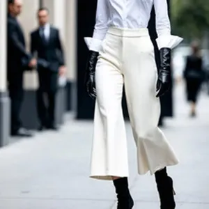 Fashionable white high-waist wide-leg pants for women in a street style setting