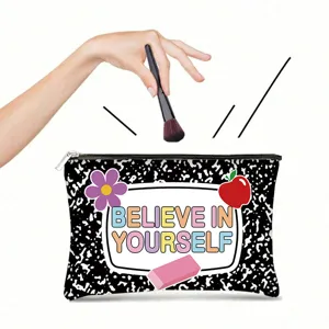 Canvas makeup pouch with Believe in Yourself print and classic composition notebook pattern