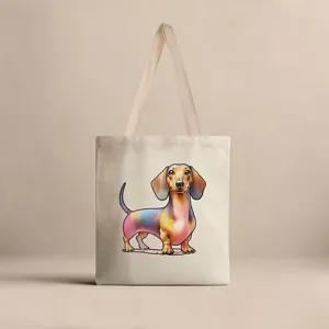 Vista detallada de la ilustración de perro salchicha en un bolso de lona.