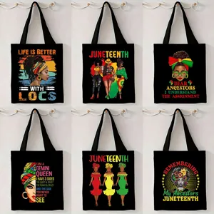 Bolso de Mano de Lona para Mujeres Afroamericanas Celebración de Juneteenth Gran Capacidad Bolso de Hombro de Poliéster Bolso de Compras Estampado para Mujer