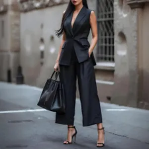 Elegant black sleeveless waistcoat paired with stylish wide-leg trousers suit