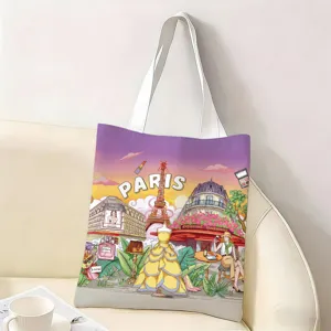 Primer plano del estampado de ilustración de París en este bolso de lona grande