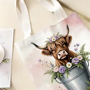 Detalle del estampado de vaca de las Highlands con flores en bolsa de lona
