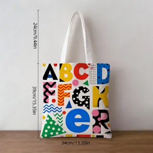 Detailed product view of a retro Memphis style canvas tote bag showing size dimensions in cm and inches
