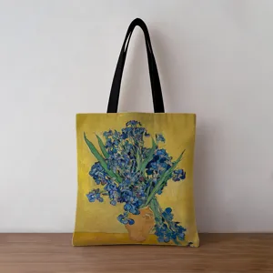 Large capacity vintage canvas tote bag with artistic Van Gogh floral irises print