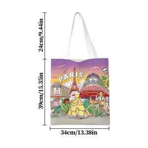 Bolso de lona de gran capacidad con estampado vintage de París y dimensiones exactas.