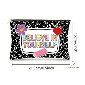 Detailed size chart for canvas pencil case showing 21.5x15cm dimensions and design