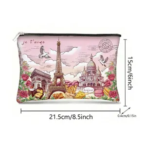 Detailed view of the Paris-themed printed pouch with dimensions in centimeters and inches.
