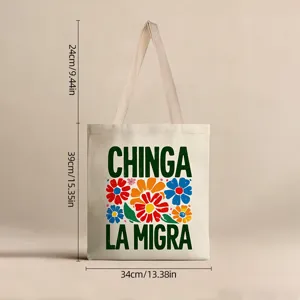 Bolso de lona con flores Chinga La Migra y dimensiones de 34x39cm especificadas