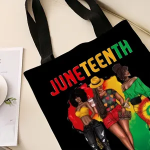 Bolso tote de lona negra con vibrante estampado de Juneteenth, gran capacidad mujer.