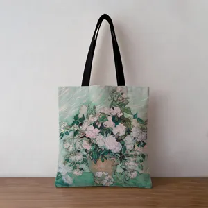Detailed view of large capacity canvas tote bag with vintage rose oil painting print