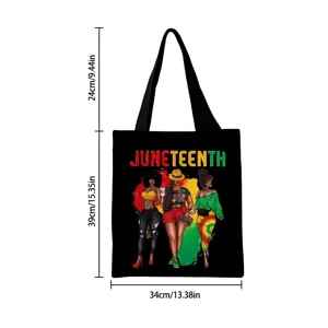 Bolso de lona negra con estampado de Juneteenth y dimensiones detalladas en cm