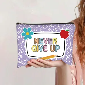 Detailed macro view of the canvas pencil case with Never Give Up motivational quote