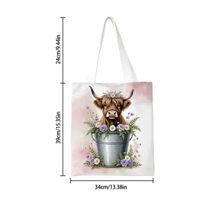 Especificaciones de tamaño detalladas para bolsa de lona Highland Cow con medidas.