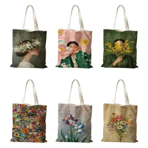 Borsa Tote in Tela con Pittura a Olio Vintage Ragazza Grande Capacità Artistica Stampata Borsa a Tracolla Portatile per Studentesse Donne